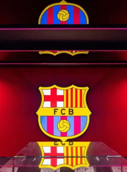 FC Barcelona crest on a museum display