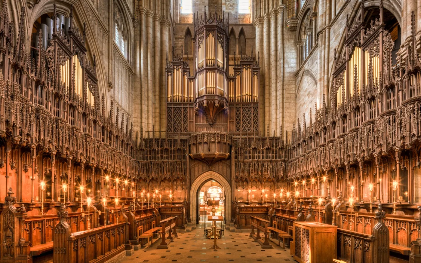 Vaulted nave and altar inside Barcelona Cathedral