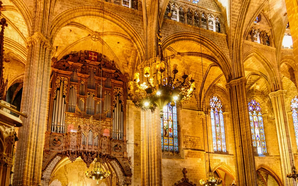 Carved arch and choir details inside Barcelona Cathedral