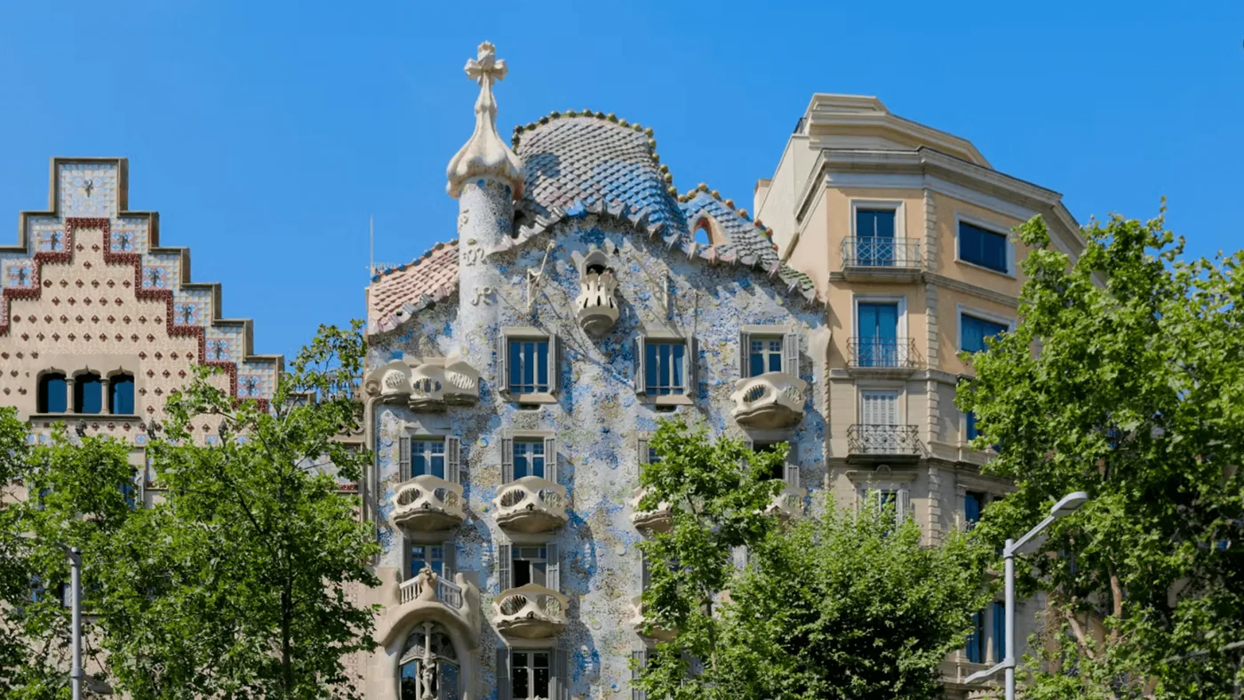 Curved balconies and colourful façade of Casa Batlló in Barcelona
