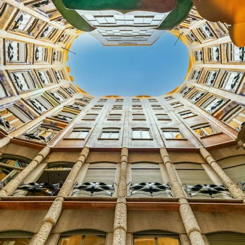 View upwards through the interior courtyard of La Pedrera