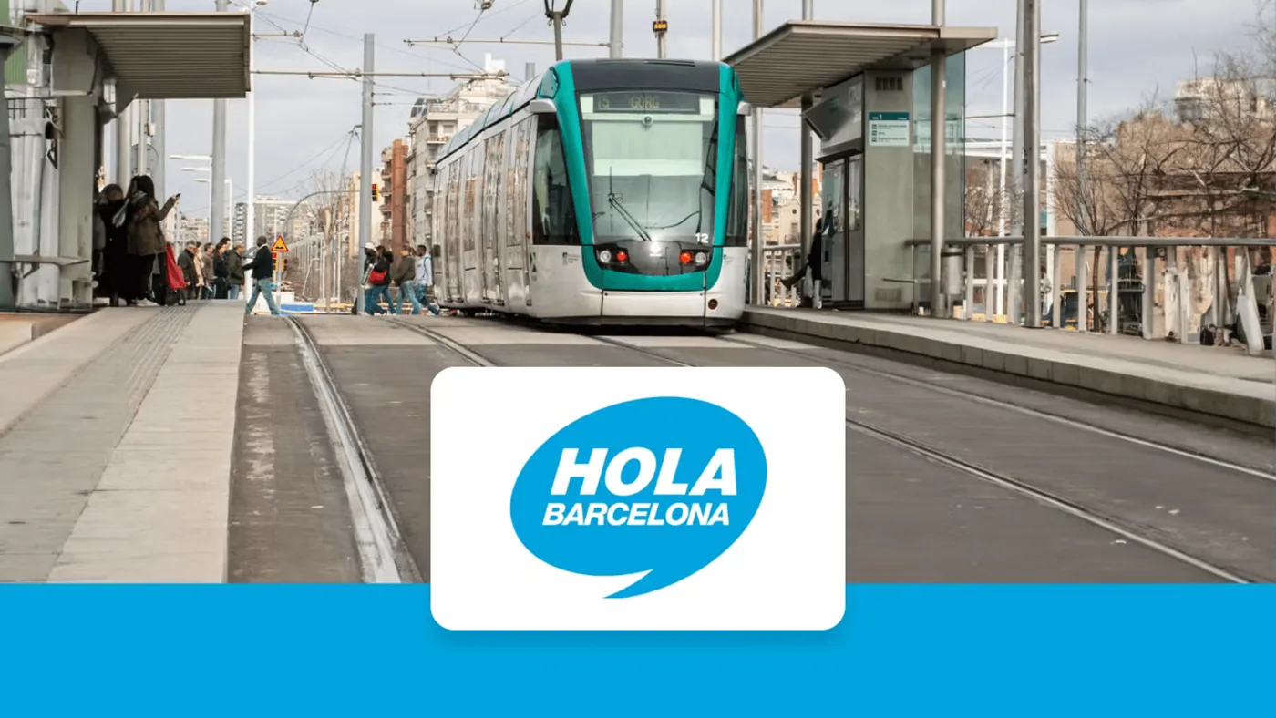 Barcelona tram with Hola Barcelona travel-card promotional branding