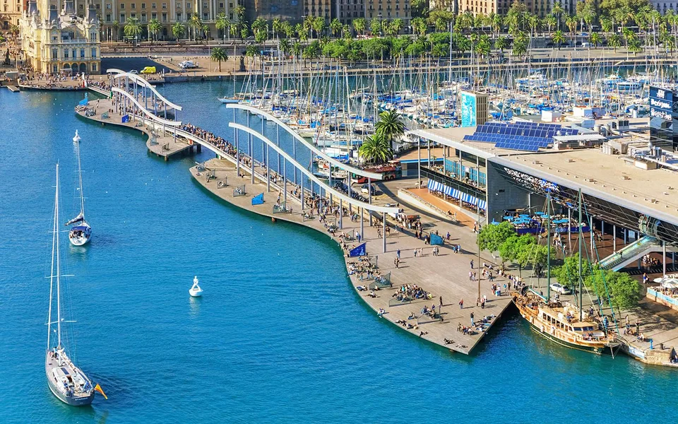 Aerial view of Barcelona harbour and marina