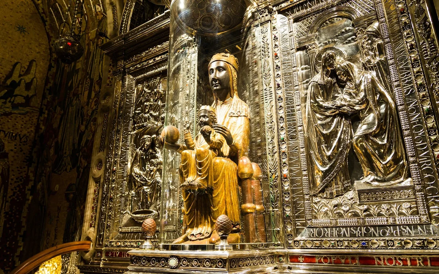 Black Madonna statue within its decorated setting at Montserrat
