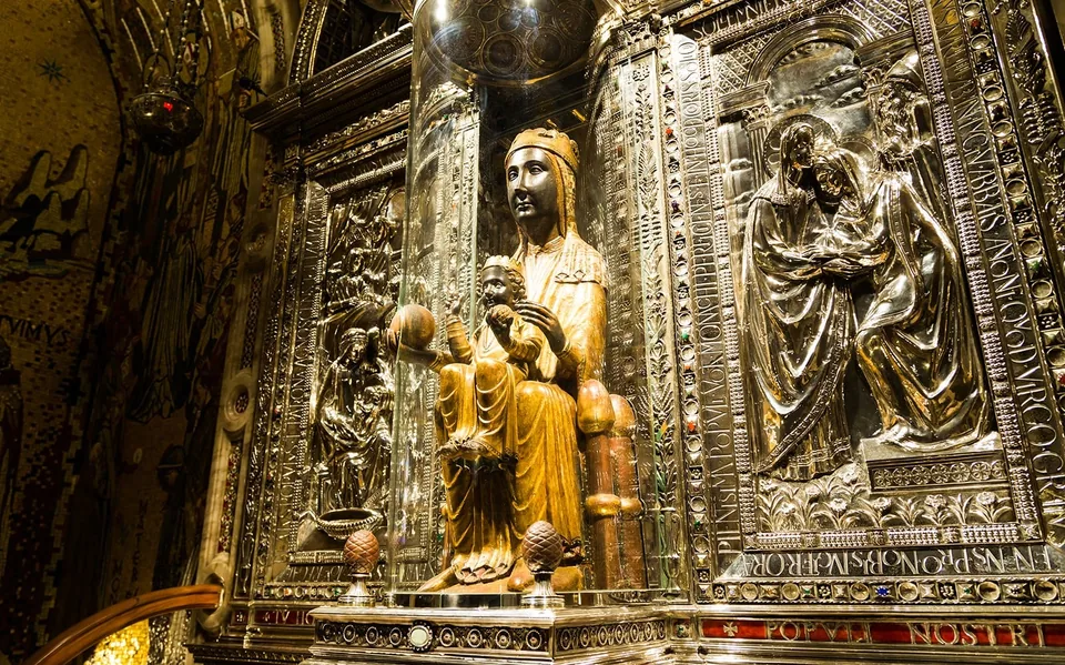 Black Madonna statue within its decorated setting at Montserrat