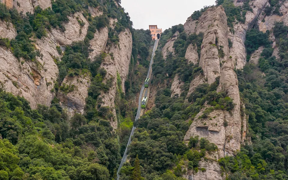 Mountain cable car approaching the Montserrat landscape