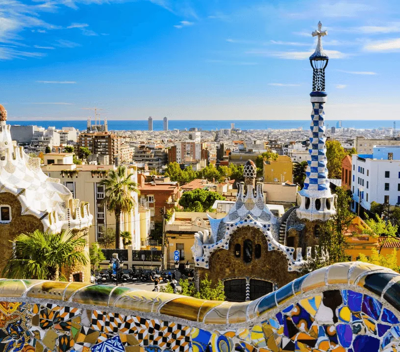 View from the tiled terrace towards Park Güell pavilions